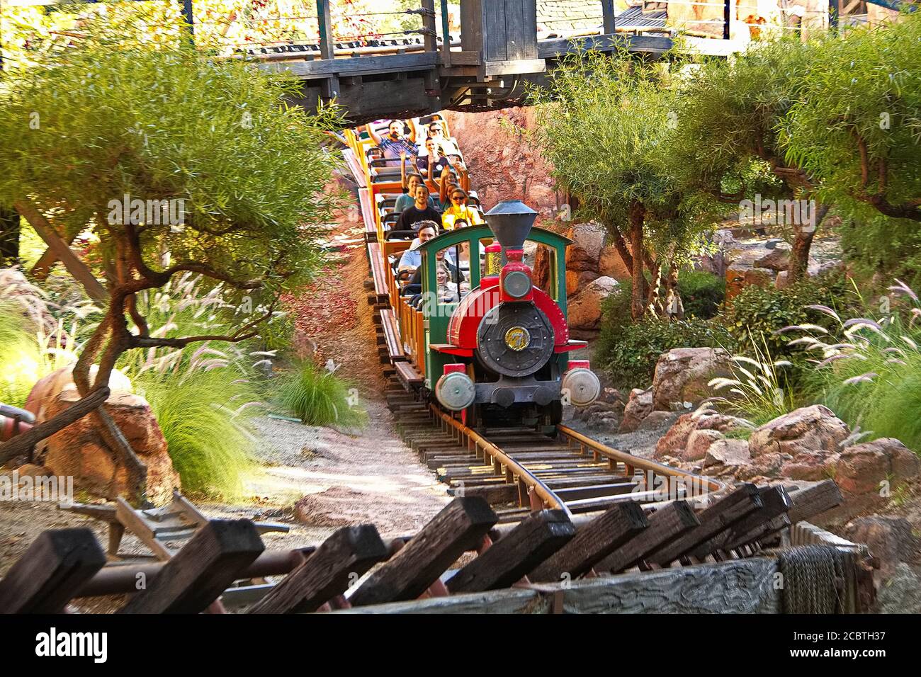 View of the Big Thunder Mountain Railroad ride at the Disneyland Park in Anaheim, California. Disneyland is Walt Disney`s original theme park. Stock Photo